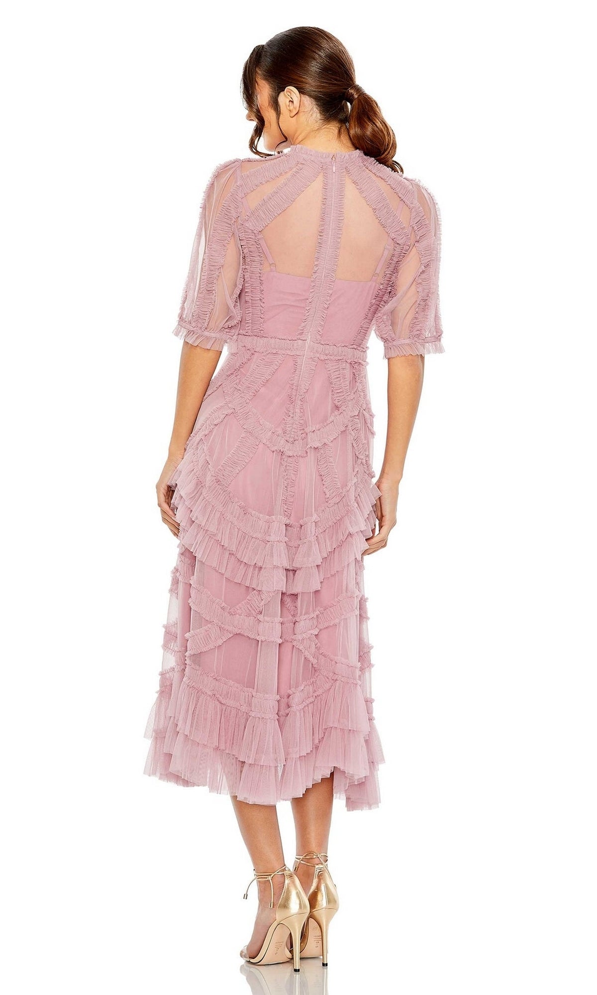 Mac Duggal Women's High Neck Puff Sleeve Ruffle Tiered Dress