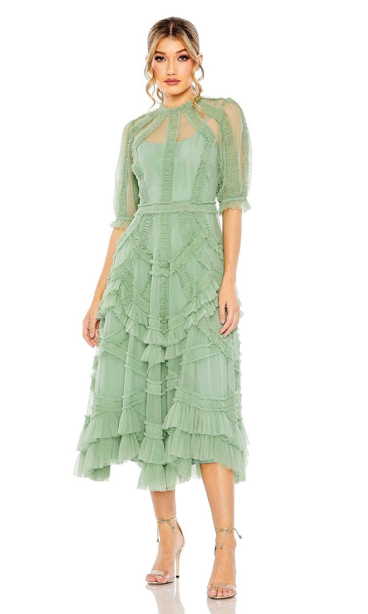 Mac Duggal Women's High Neck Puff Sleeve Ruffle Tiered Dress