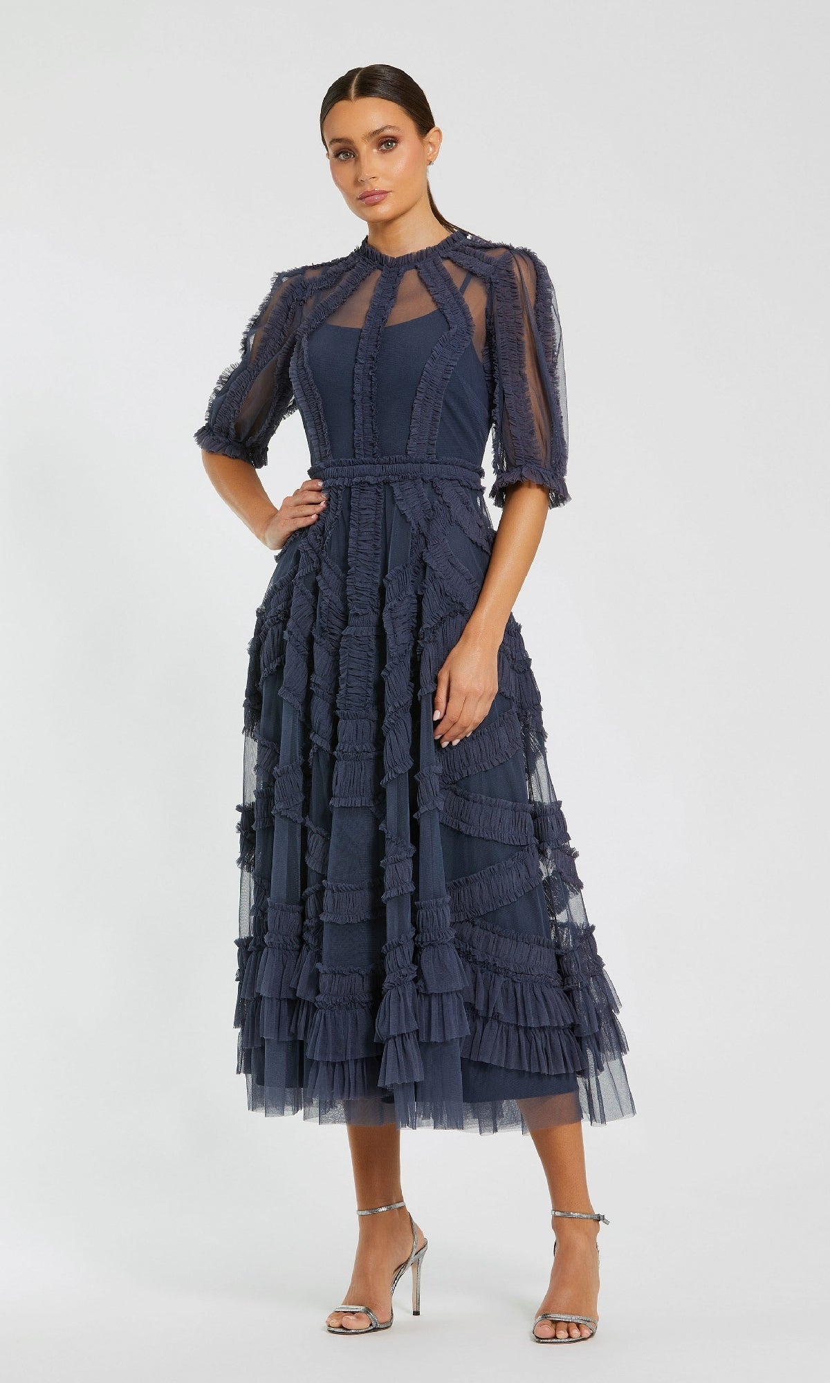 Ruffled Tea-Length Wedding-Guest Dress with Sleeves