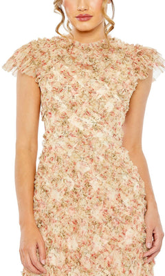 Woman in the Mac Duggal 8060 Cap-Sleeve Wedding Guest Dress, featuring a textured floral print and ruffled shoulder details, shown from mid-face to thighs.