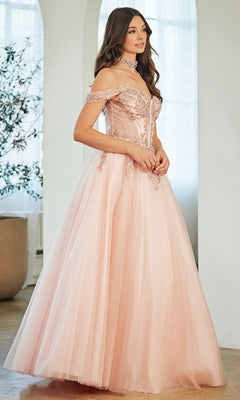 A woman indoors near arched windows and a potted plant wears the Amelia Couture 8065 long prom dress—light pink, off-the-shoulder, with lace and glitter tulle details and a corset bodice.