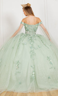 Woman shown from the back wearing Cinderella Couture 8075J, a sparkling pale green off-the-shoulder quinceanera dress with floral 3D appliques and a crown.