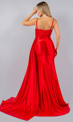 Woman in a floor-length red "Strapless Satin Prom Dress: Cinderella Couture 8082J" with a fitted bodice and flared skirt, shown from behind against a gray background—features a strapless satin design and subtle sweetheart neckline.