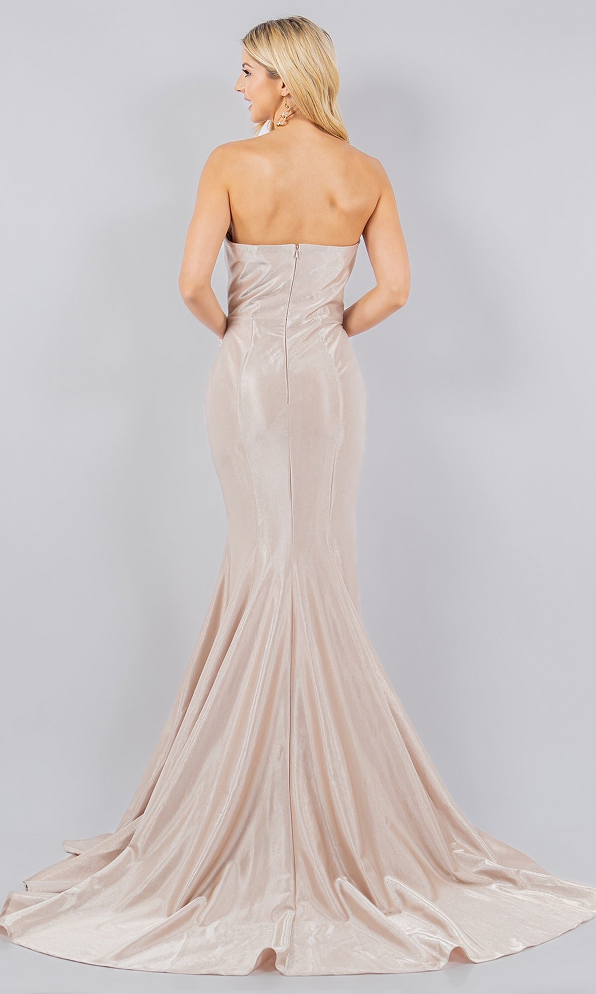 champagne satin mermaid dress Strapless Pleated Satin Mermaid Prom Dress with Train Champagne / 3XLarge