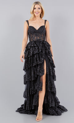 A woman models the Cinderella Couture 8093J, a sleeveless black ruffled tiered prom dress with sequin accents and a high front slit, set against a plain grey background.