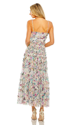 A woman, facing away, is wearing the Tea-Length Party Dress: Mac Duggal 8095—a sleeveless, multi-colored floral design with tiered ruffles—paired with gold high-heeled sandals, set against a plain white background.