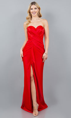 Cinderella Couture 8095J Fitted Long Metallic Formal Slit Prom Dress - Red / 2XL Cinderella Couture 8095J Fitted Long Metallic Formal Slit Prom Dress - Red / 2XL