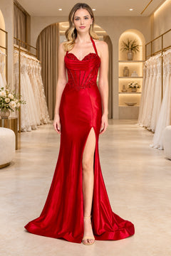Amelia Couture 8096 floor-length, crimson satin corset prom dress with a beaded sweetheart neckline and a high thigh slit.