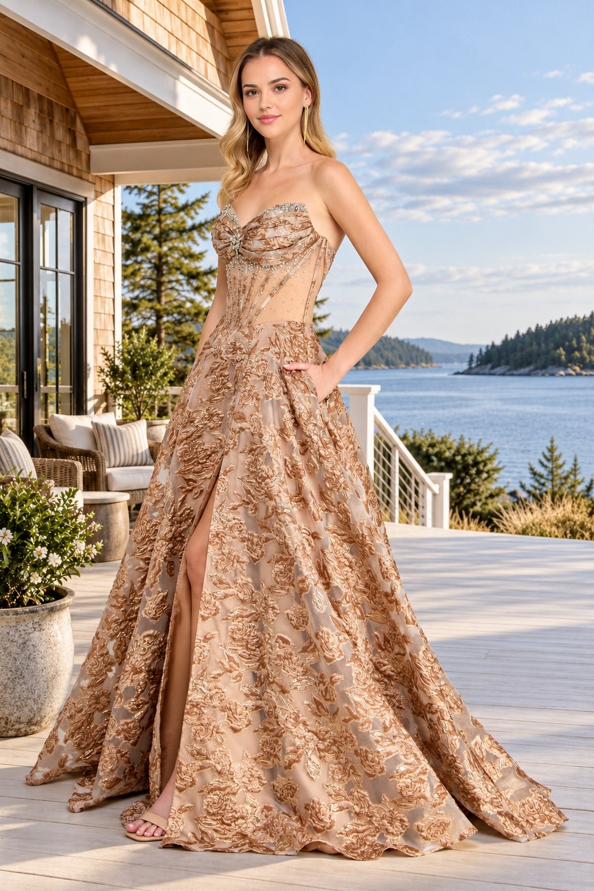 Amelia Couture 8098 strapless, floor-length floral prom dress with a crystal-embellished corset bodice, an embroidered skirt, and a high side slit.