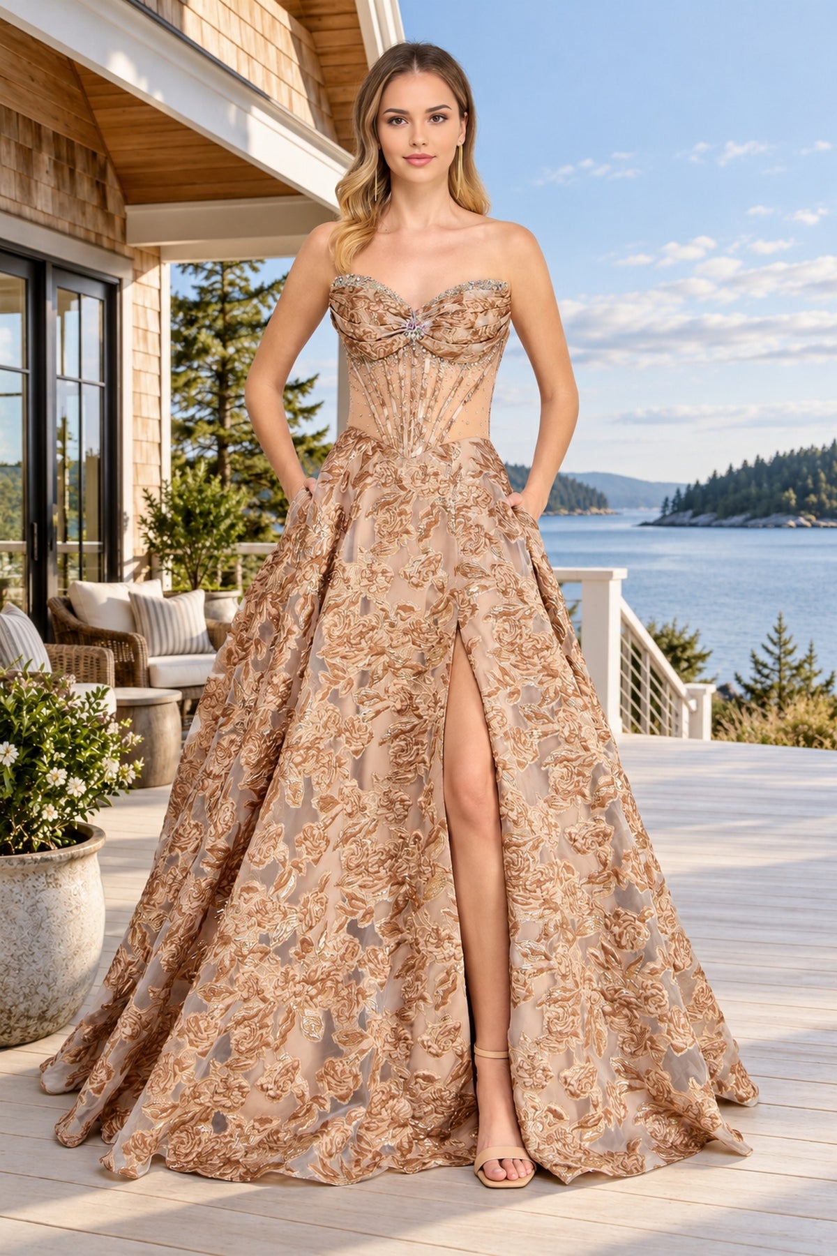 Amelia Couture 8098 strapless, floor-length floral prom dress with a sweetheart neckline, corset bodice, and a skirt featuring a high leg slit.
