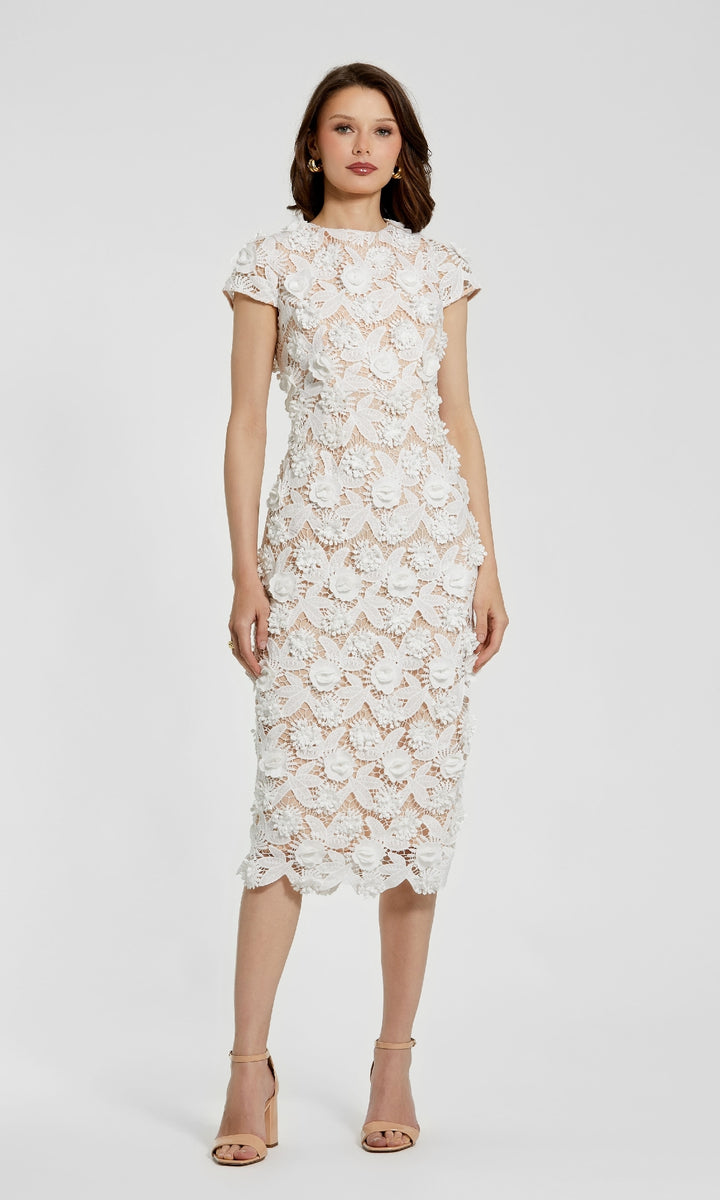 Tea-Length Lace Cocktail Dress with Cap Sleeves PromGirl