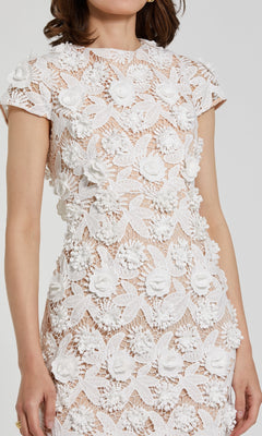 Mac Duggal Floral Lace Fitted Short Sleeve Midi Dress - Ivory Sand Mac Duggal Floral Lace Fitted Short Sleeve Midi Dress - Ivory Sand