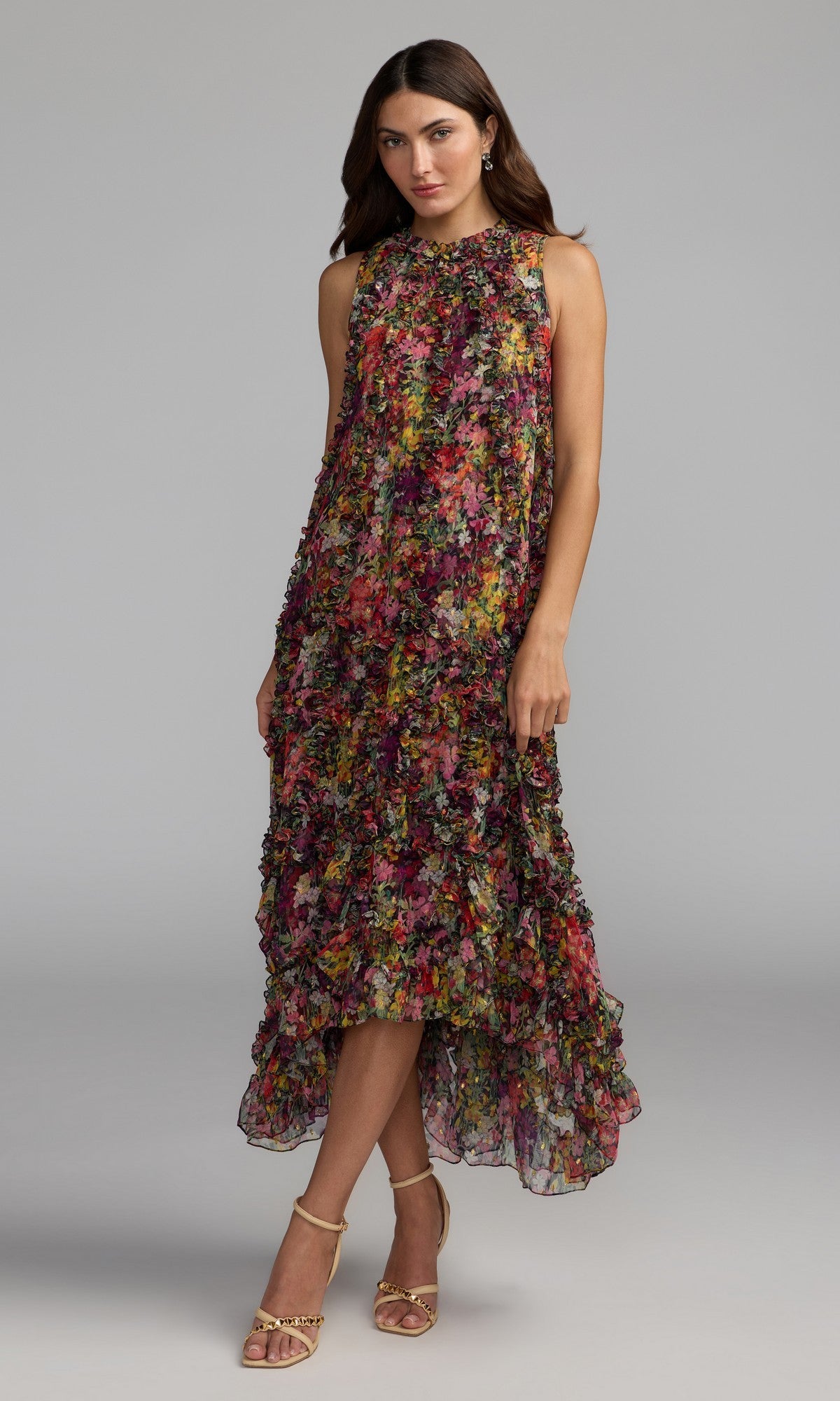 midi or maxi dress for wedding guest Multicolor Sleeveless Floral Micro Ruffle Trapeze Rental Duration:2 Days (Mon-Thurs Events) One Piece Swimsuit Backless Detailed with a floral Medi Dress