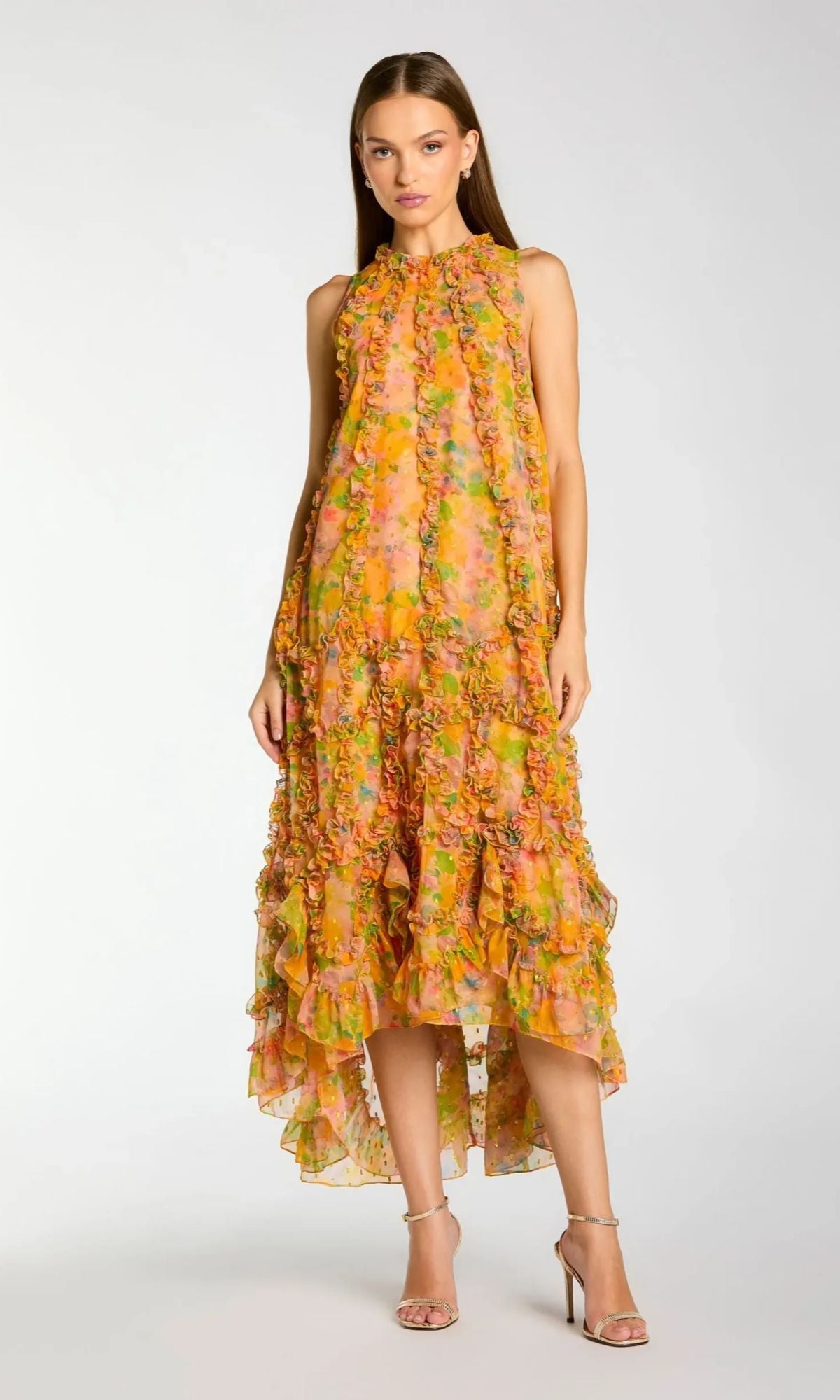 High-Neck Midi Floral Wedding Guest Dress with Ruffles – PromGirl