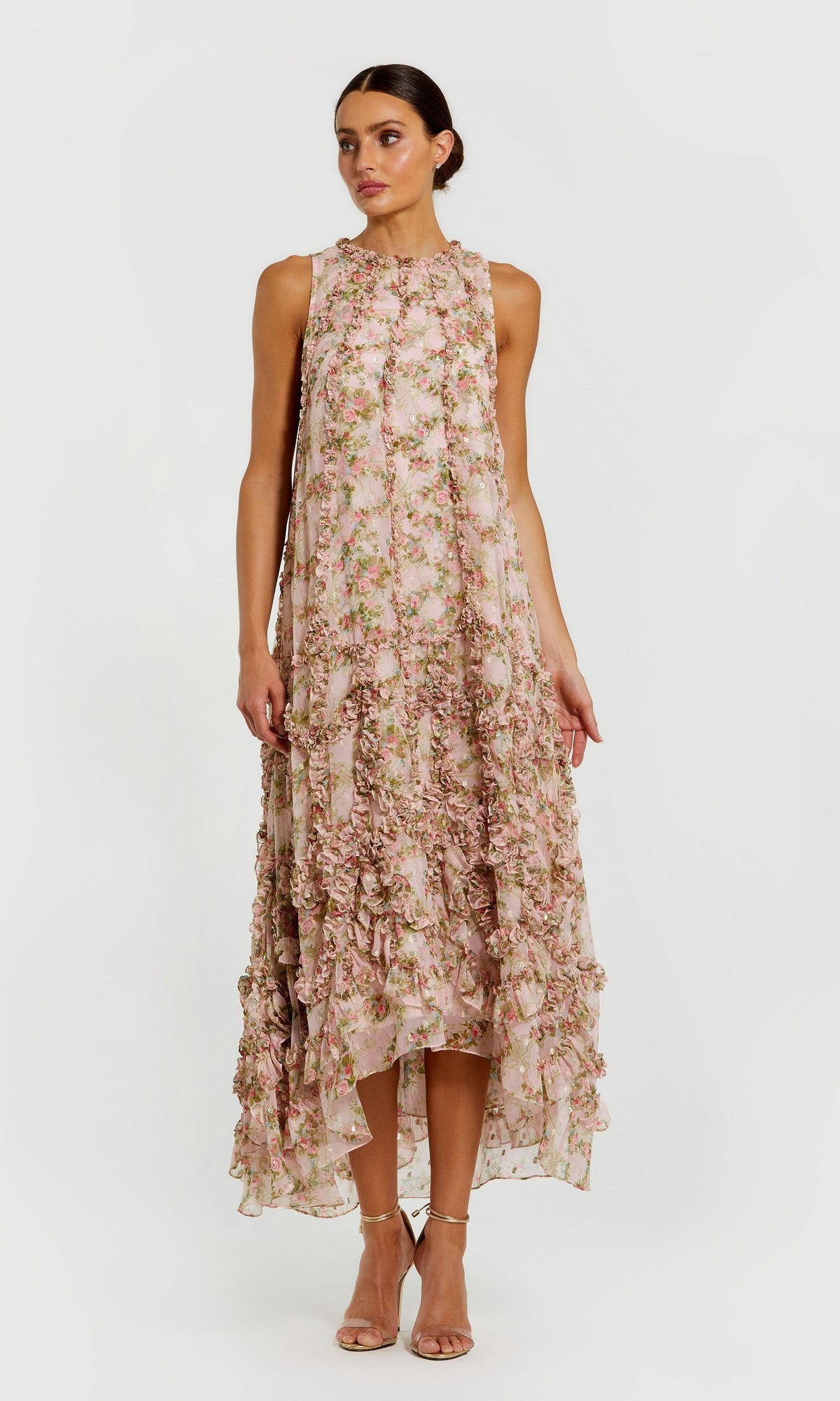 High-Neck Midi Floral Wedding Guest Dress with Ruffles – PromGirl