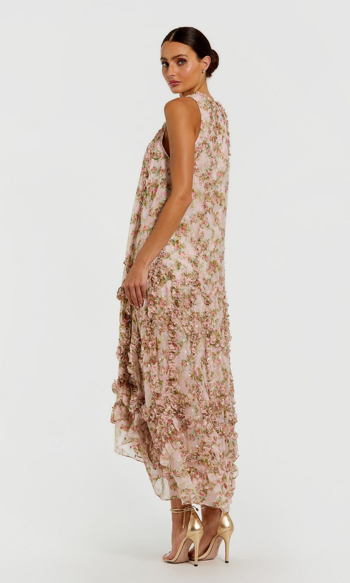 High-Neck Midi Floral Wedding Guest Dress with Ruffles – PromGirl
