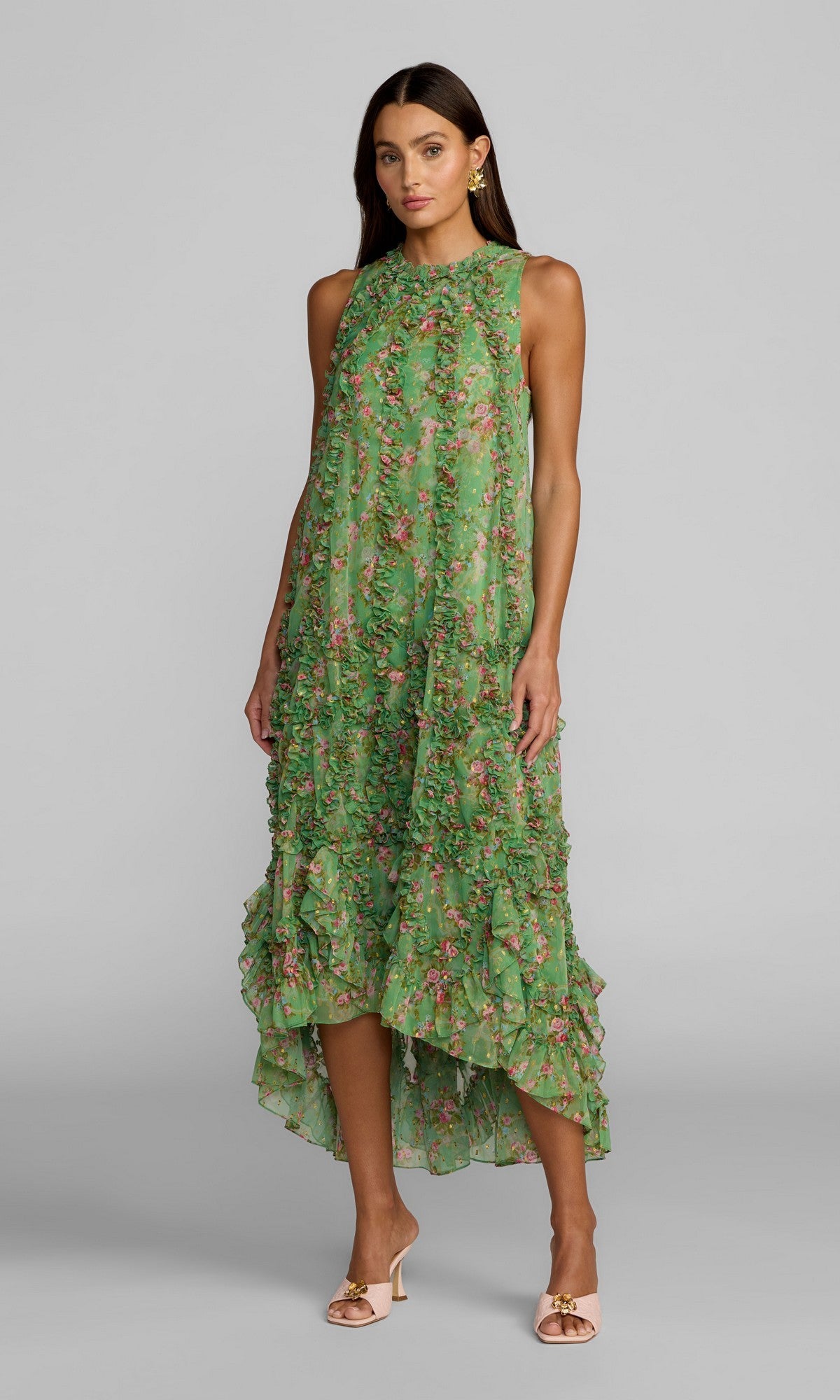 High-Neck Midi Floral Wedding Guest Dress with Ruffles – PromGirl