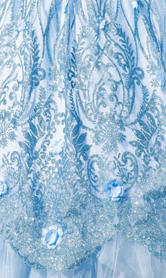 Close-up of the Quinceanera Ball Gown 8110J in blue, showcasing intricate silver embroidery, floral patterns, and glitter details on the bodice for a stunning, ornate look.