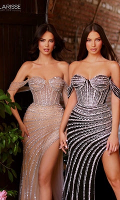 Two women stand side by side against a brick wall, each wearing the Clarisse Designs 811106 long prom dress with sparkling beadwork—one in light beige and the other in black.