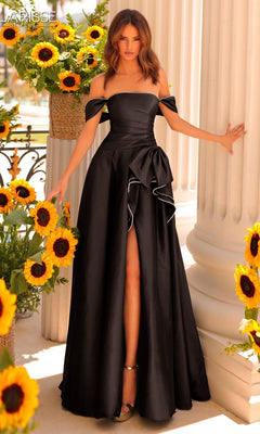 A woman wears the Clarisse Designs 811166 long black prom dress with an off-the-shoulder A-line cut and thigh-high slit, standing between white columns and surrounded by sunflowers.