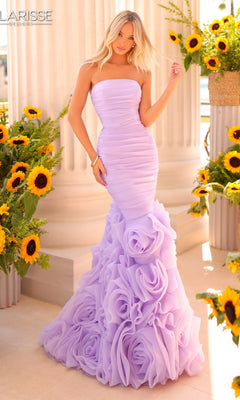 A woman in a lilac Long Prom Dress by Clarisse Designs 811223 with a strapless mermaid silhouette and floral ruffles stands among columns and sunflowers.