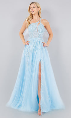 Open-Back One-Shoulder Pastel Prom Dress with Pockets Blue / Small