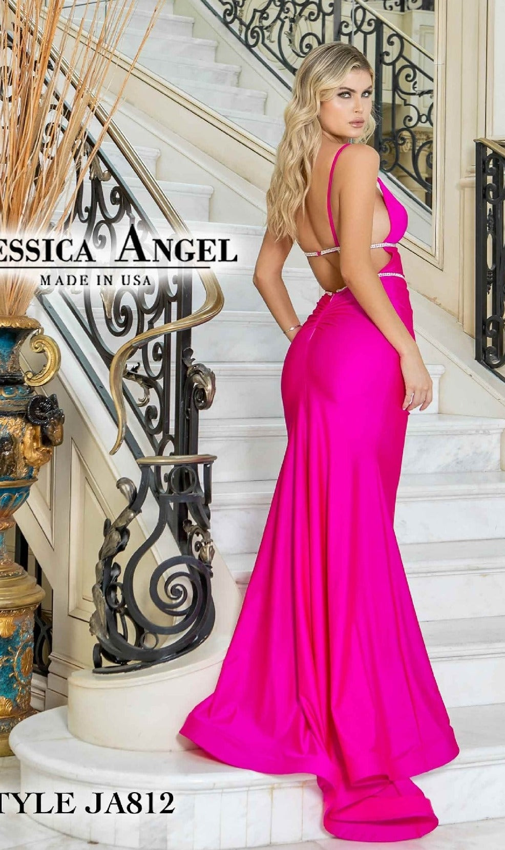 A woman in a bright pink Cut-Out Tight Long Prom Dress: Jessica Angel 812 stands on a marble staircase with ornate railings and decorative pillars, looking over her shoulder. Text on image reads 