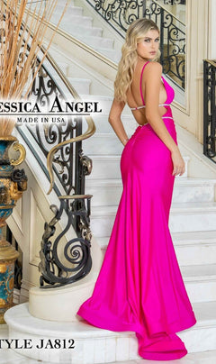 A woman in a bright pink Cut-Out Tight Long Prom Dress: Jessica Angel 812 stands on a marble staircase with ornate railings and decorative pillars, looking over her shoulder. Text on image reads "JESSICA ANGEL STYLE JA812.