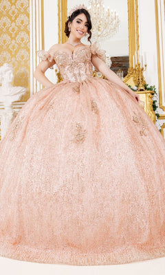 A young woman smiles at the camera in an elegant room with gold decor and a chandelier, wearing the Quinceanera Ball Gown 8120J—an ornate pink dress with a butterfly back detail.