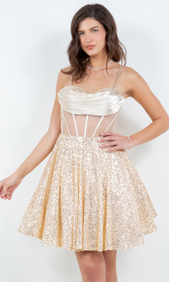Woman wearing the Cowl-Neck Short Sequin Homecoming Dress 8126J—sleeveless, gold, fitted bodice with sheer mesh panels and flared skirt—standing against a plain white background.