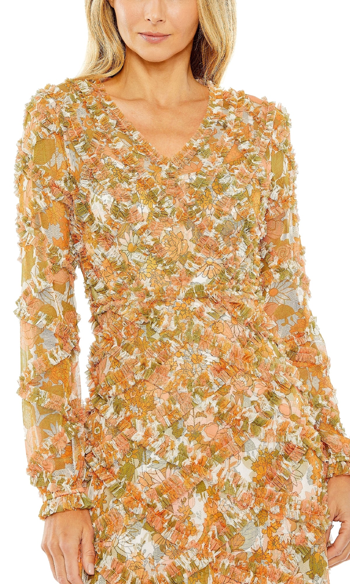 A woman wears the Mac Duggal 8134 Orange Print Wedding Guest Dress, a midi dress with long sleeves and textured fabric in warm yellow and white floral print—an elegant choice for any wedding guest.