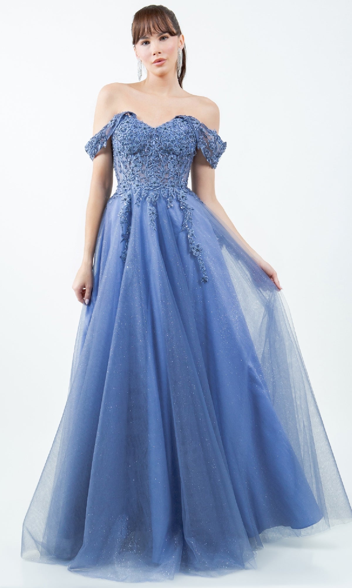 Off-the-Shoulder Long Prom Dress with Embroidered Lace – PromGirl