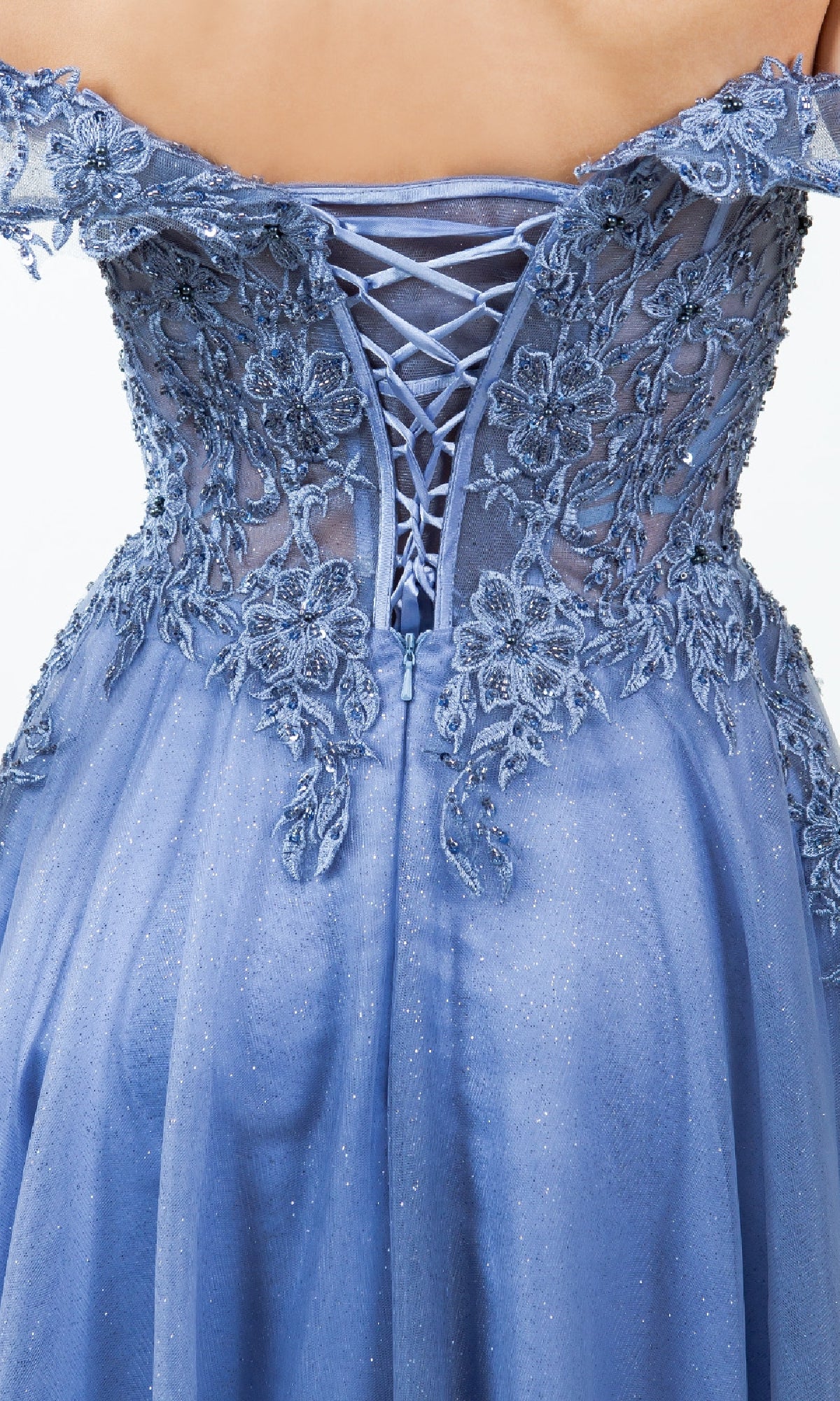 Close-up of the back of the Long Prom Ball Gown: Cinderella Couture 8152J, a blue off-the-shoulder dress with floral lace embroidery, corset-style lace-up detail, and shimmering semi-sheer fabric.