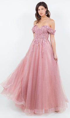 A woman stands against a plain white background wearing the Cinderella Couture 8152J, a floor-length, off-the-shoulder prom ball gown featuring embroidered-lace and sequin details.