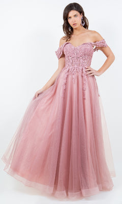 Woman wearing the Cinderella Couture 8152J long prom ball gown, featuring a pink off-the-shoulder design with lace and beaded bodice details and a flowing tulle skirt.