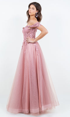 A woman stands in profile against a white background wearing the Long Prom Ball Gown: Cinderella Couture 8152J, an off-the-shoulder dress with pink lace, tulle, and floral embroidery.
