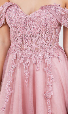 Close-up of the Long Prom Ball Gown: Cinderella Couture 8152J, a pink off-the-shoulder dress with intricate floral embroidered lace on the sheer bodice and a flowing skirt.