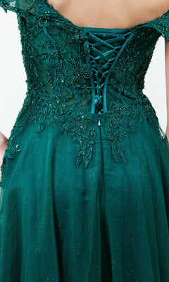 Close-up of the back of the Long Prom Ball Gown: Cinderella Couture 8152J—green embroidered lace, floral details, a corset-style lace-up closure, and sheer tulle—an elegant formalwear option.