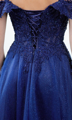 A close-up of the back of the Long Prom Ball Gown: Cinderella Couture 8152J, an elegant navy blue A-line formal dress with floral embroidery, bead accents, and a lace-up corset design.
