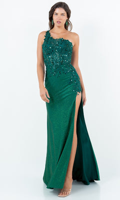 A woman models the Cinderella Couture 8162J one-shoulder prom gown in emerald green with floral details and a high slit, paired with nude heels, standing against a plain white background.