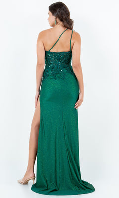 A woman in the One-Shoulder Prom Gown: Cinderella Couture 8162J, a long green sequin dress with a high slit and open back, stands in heels facing away—an elegant formal option under $200.