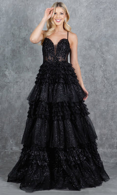 A woman smiles against a textured gray background in the Cinderella Couture 8163J Glitter Prom Ball Gown, a strapless black A-line dress with ruffles, sequins, and a beaded corset bodice—perfect for an unforgettable prom night.