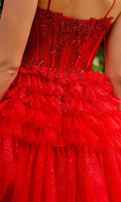 Close-up of the Glitter Prom Ball Gown: Cinderella Couture 8163J—a red dress with a beaded corset bodice, fitted silhouette, and layered ruffled tulle, inspired by the classic long glitter A-line style.