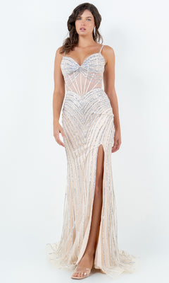 A woman models the Cinderella Couture 8169J long pageant gown featuring silver embellishments, sheer panels, a thigh-high slit, and sleeveless design, set against a plain white background.