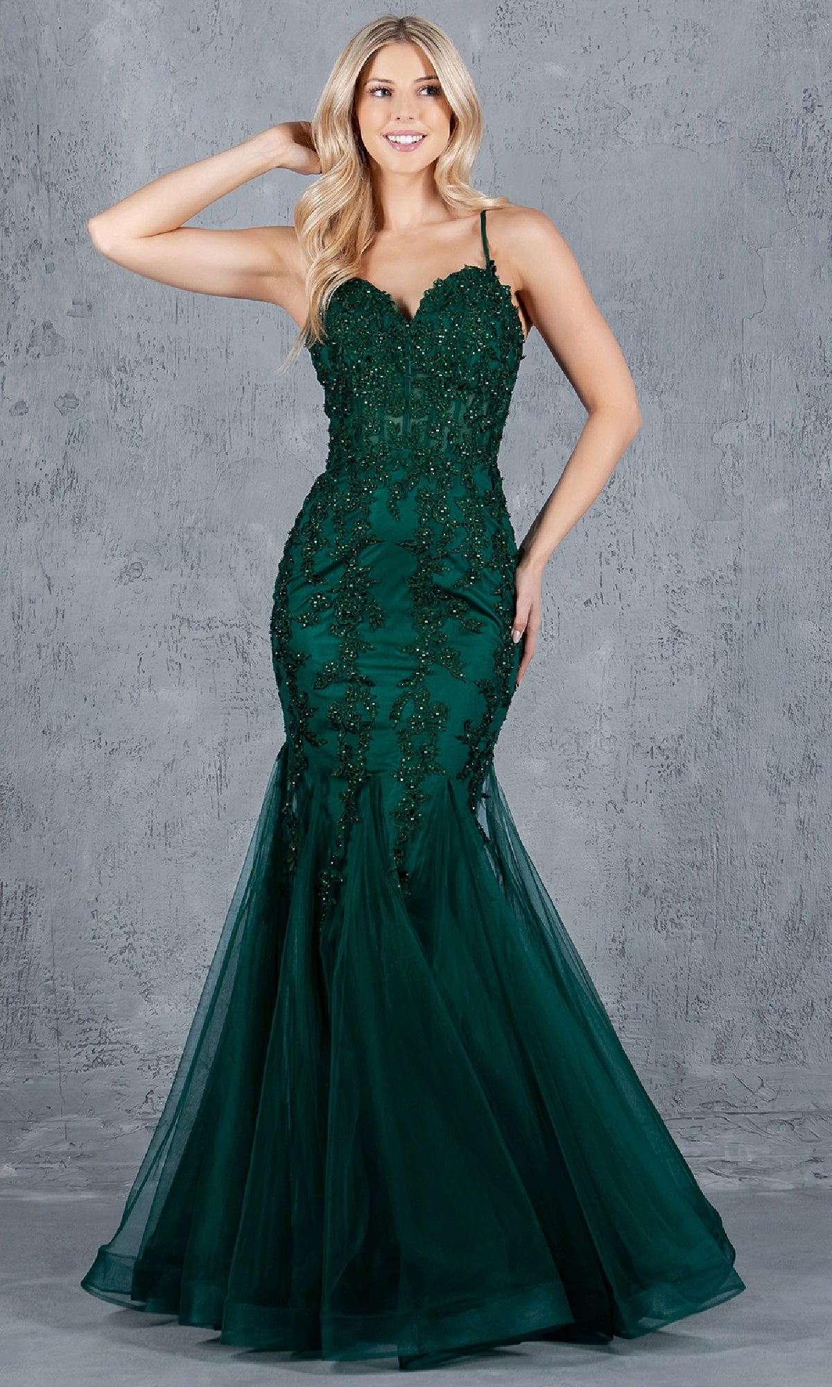 Lace-Up Long Mermaid Prom Dress with Beaded Lace Hunter Green / Large Lace-Up Long Mermaid Prom Dress with Beaded Lace Hunter Green / Large