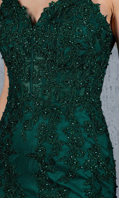 Close-up of the Lace-Up Long Prom Dress Cinderella Couture 8175J, a dark green sleeveless evening gown with intricate beading and floral lace embroidery on sheer fabric.