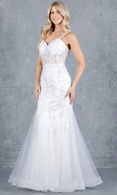 A woman stands against a gray textured background wearing the Cinderella Couture 8175J, a strapless fitted white lace-up long prom dress with sequin embellishments and a mermaid silhouette.