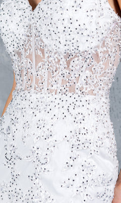 Close-up of the Lace-Up Long Prom Dress Cinderella Couture 8175J, featuring intricate beaded lace appliqué, floral patterns on a sheer panel, and sparkling embellishments.