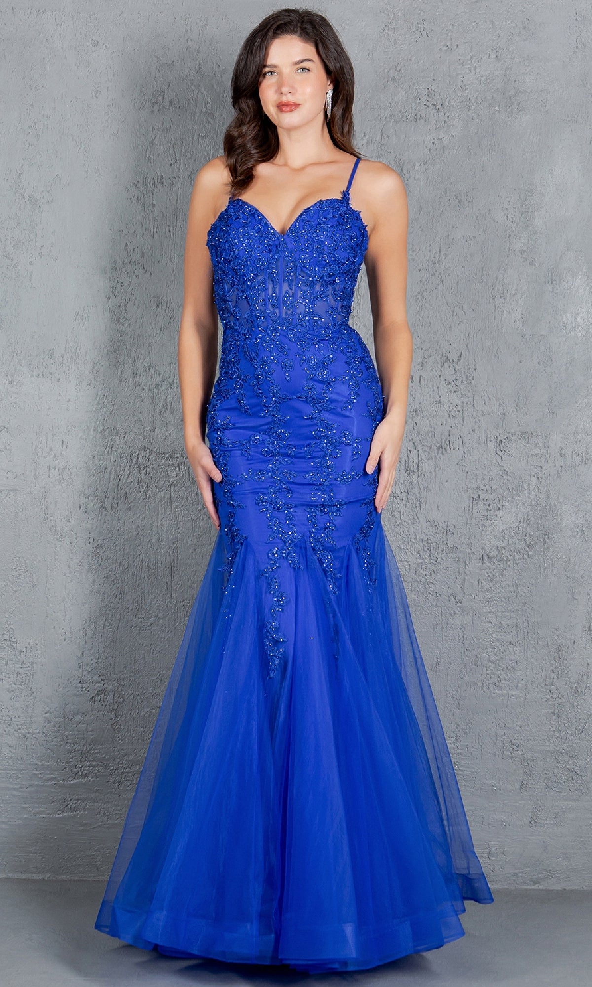 Lace-Up Long Mermaid Prom Dress with Beaded Lace Royal / XSmall