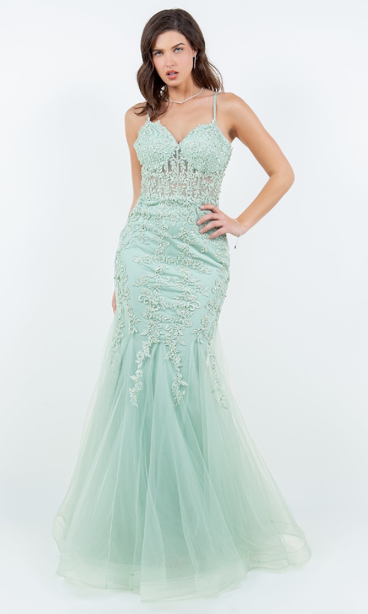 A woman wears the Cinderella Couture 8175J Lace-Up Long Prom Dress, featuring light green beaded lace applique and intricate detailing, standing against a plain white background.
